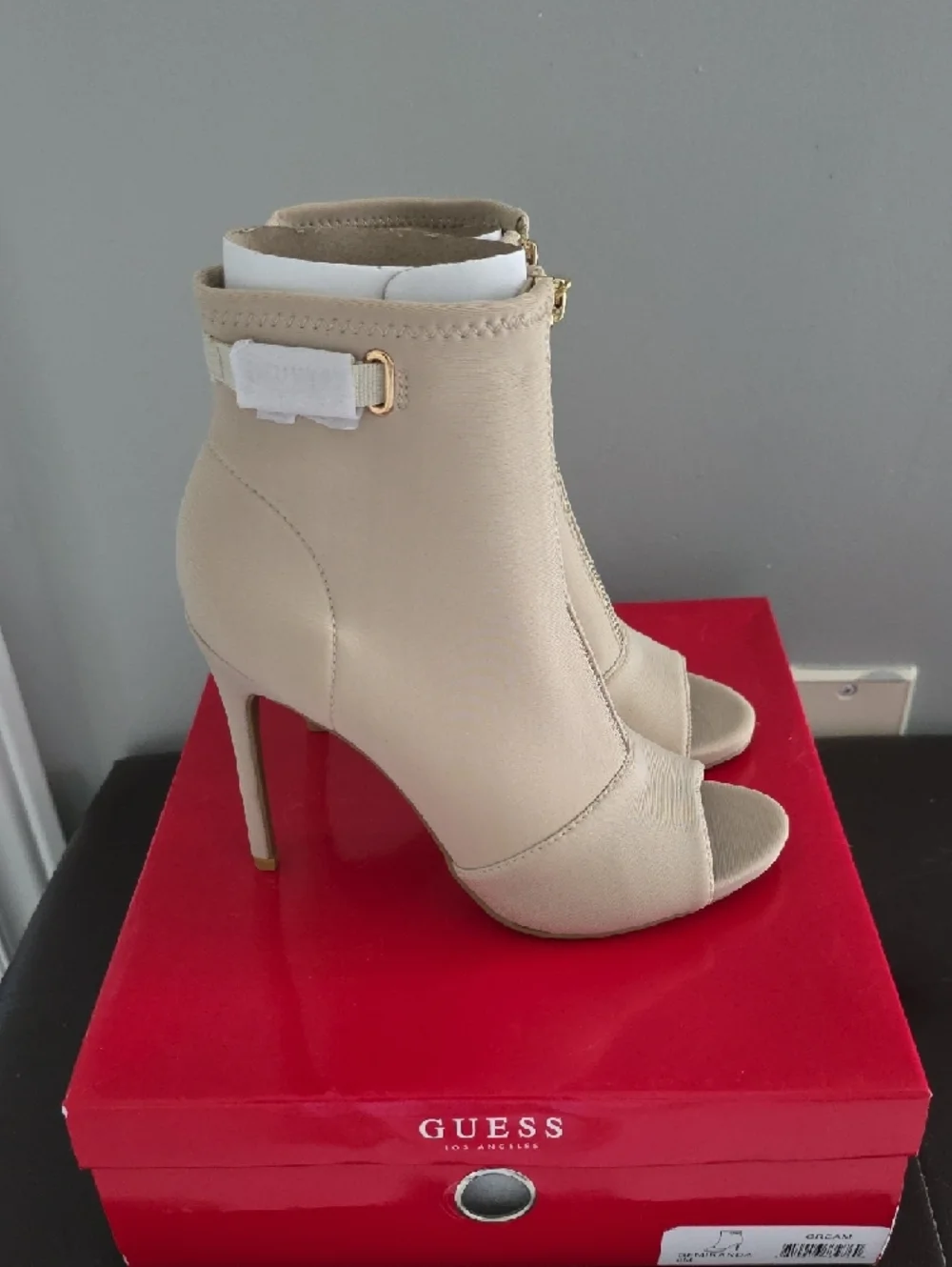Guess Beige Peep-Toe Front-Zip Heeled Booties - Picture 2 of 6